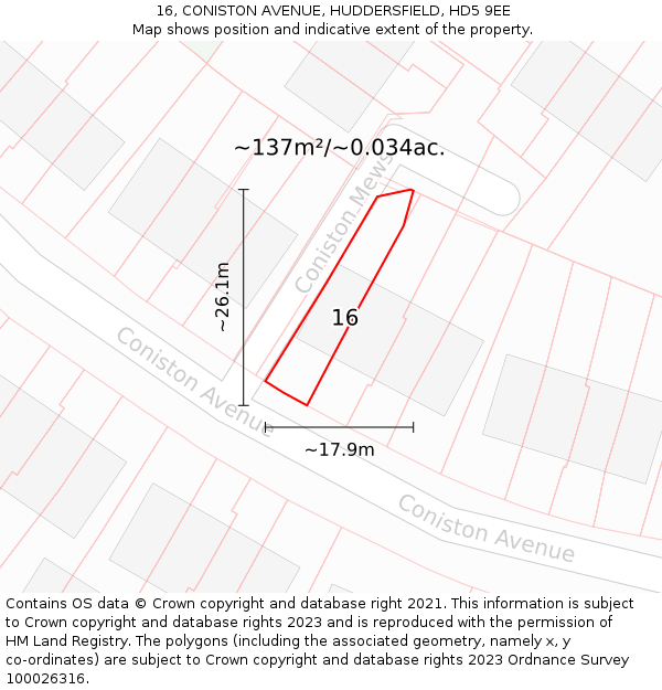 16, CONISTON AVENUE, HUDDERSFIELD, HD5 9EE: Plot and title map