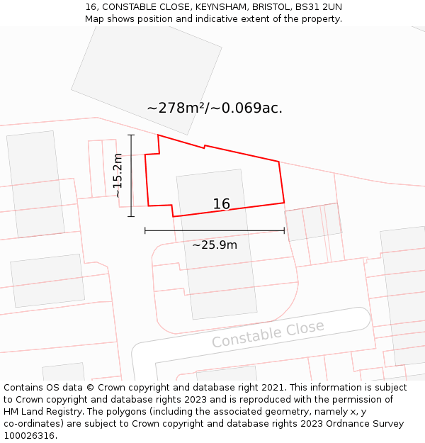16, CONSTABLE CLOSE, KEYNSHAM, BRISTOL, BS31 2UN: Plot and title map