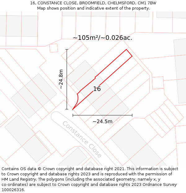 16, CONSTANCE CLOSE, BROOMFIELD, CHELMSFORD, CM1 7BW: Plot and title map