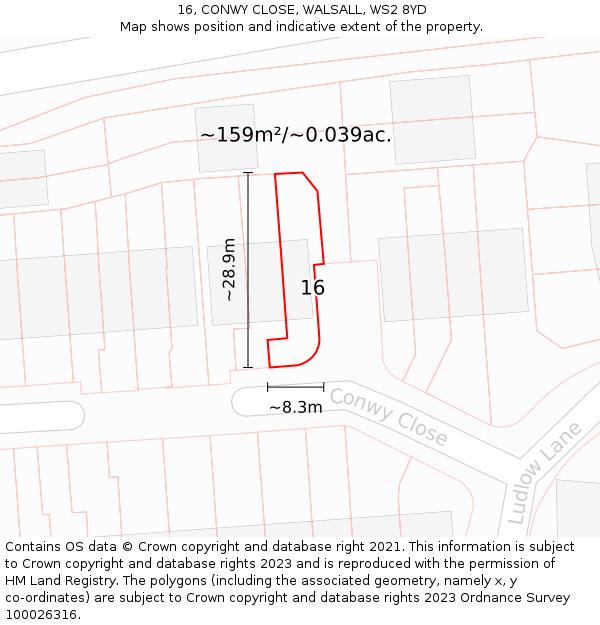 16, CONWY CLOSE, WALSALL, WS2 8YD: Plot and title map
