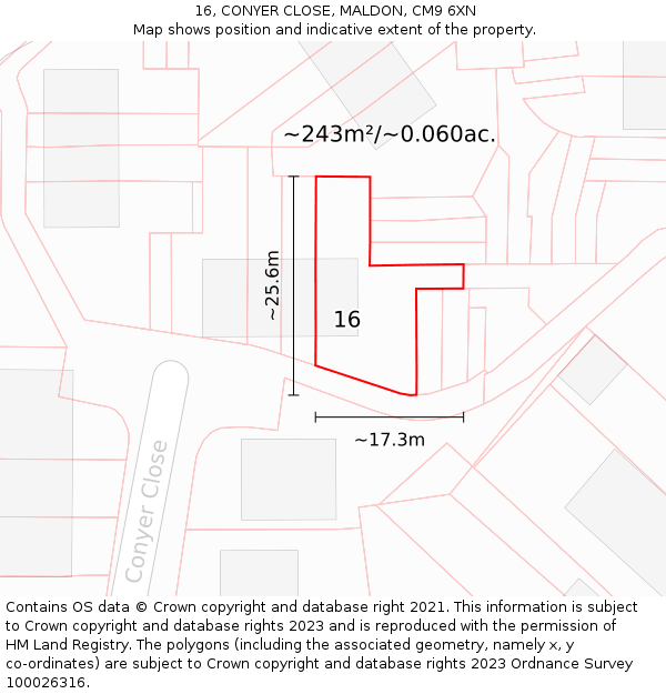 16, CONYER CLOSE, MALDON, CM9 6XN: Plot and title map