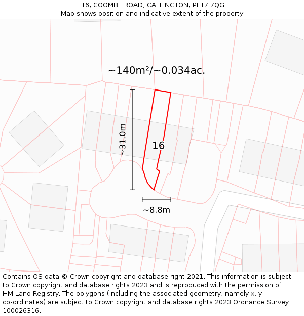 16, COOMBE ROAD, CALLINGTON, PL17 7QG: Plot and title map