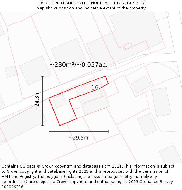 16, COOPER LANE, POTTO, NORTHALLERTON, DL6 3HQ: Plot and title map