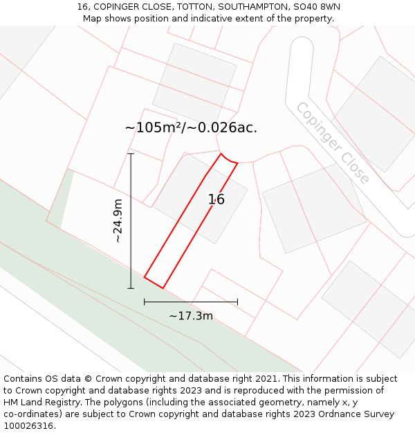 16, COPINGER CLOSE, TOTTON, SOUTHAMPTON, SO40 8WN: Plot and title map