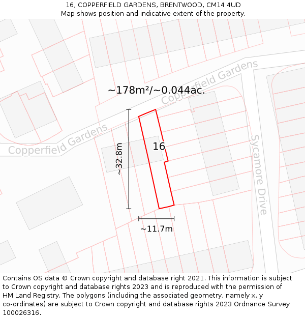 16, COPPERFIELD GARDENS, BRENTWOOD, CM14 4UD: Plot and title map