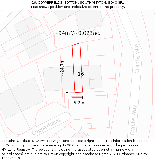 16, COPPERFIELDS, TOTTON, SOUTHAMPTON, SO40 8FL: Plot and title map