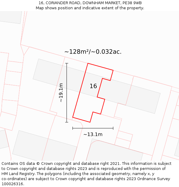 16, CORIANDER ROAD, DOWNHAM MARKET, PE38 9WB: Plot and title map