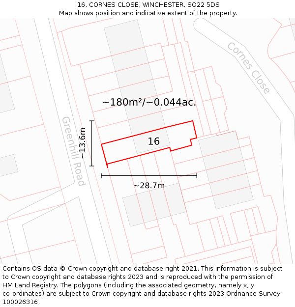 16, CORNES CLOSE, WINCHESTER, SO22 5DS: Plot and title map