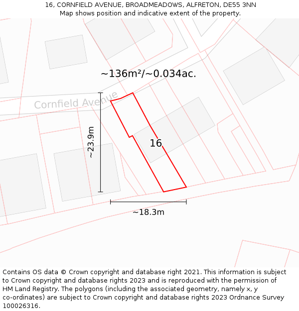 16, CORNFIELD AVENUE, BROADMEADOWS, ALFRETON, DE55 3NN: Plot and title map
