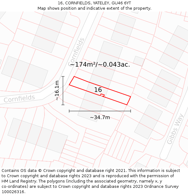 16, CORNFIELDS, YATELEY, GU46 6YT: Plot and title map