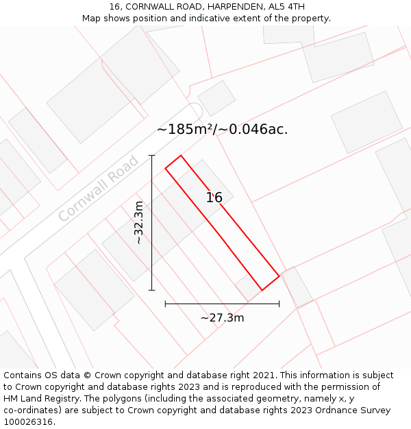 16, CORNWALL ROAD, HARPENDEN, AL5 4TH: Plot and title map