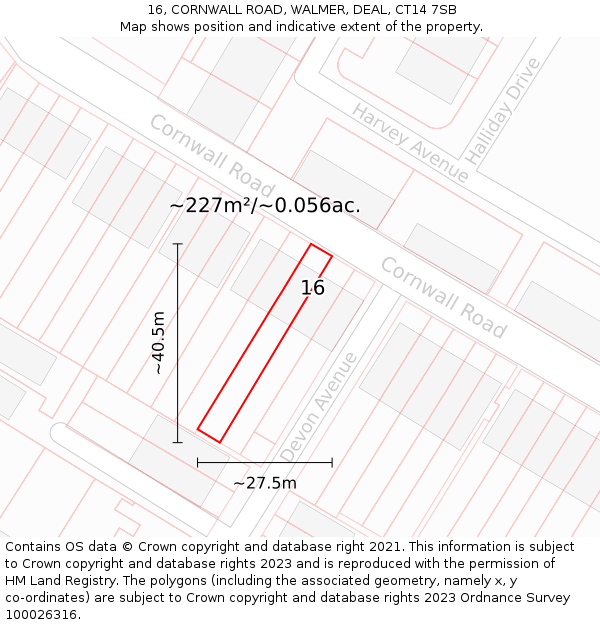 16, CORNWALL ROAD, WALMER, DEAL, CT14 7SB: Plot and title map