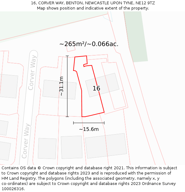 16, CORVER WAY, BENTON, NEWCASTLE UPON TYNE, NE12 9TZ: Plot and title map