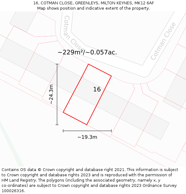 16, COTMAN CLOSE, GREENLEYS, MILTON KEYNES, MK12 6AF: Plot and title map