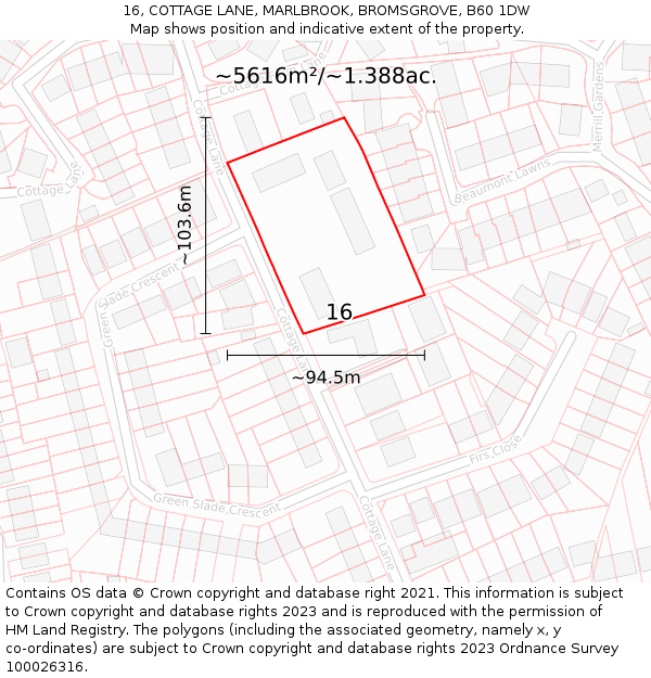 16, COTTAGE LANE, MARLBROOK, BROMSGROVE, B60 1DW: Plot and title map
