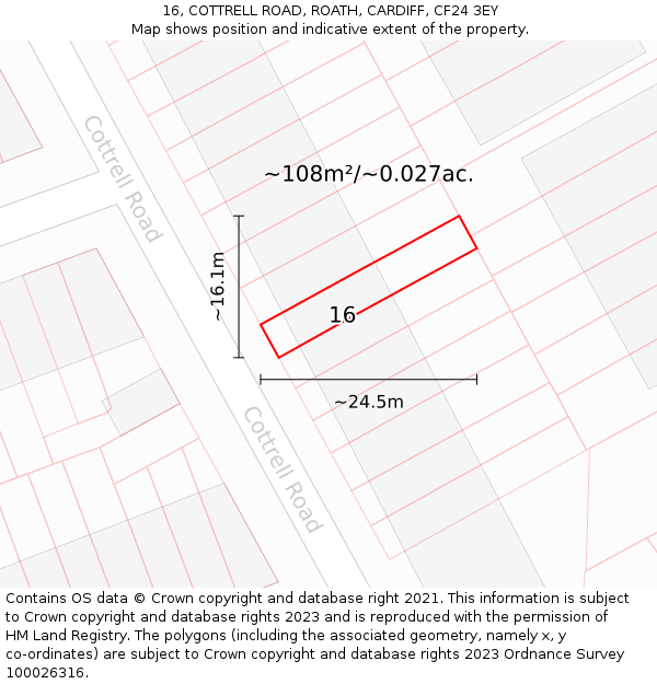 16, COTTRELL ROAD, ROATH, CARDIFF, CF24 3EY: Plot and title map