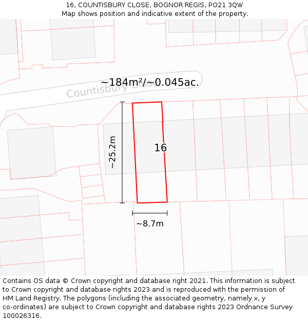 16, COUNTISBURY CLOSE, BOGNOR REGIS, PO21 3QW: Plot and title map