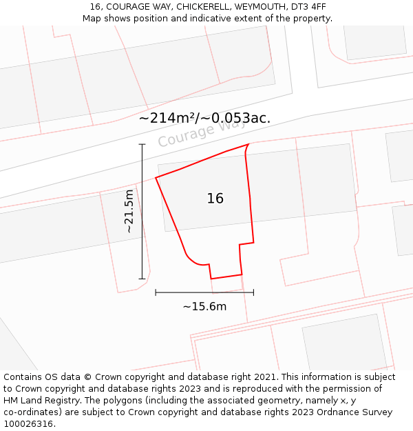 16, COURAGE WAY, CHICKERELL, WEYMOUTH, DT3 4FF: Plot and title map