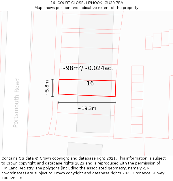 16, COURT CLOSE, LIPHOOK, GU30 7EA: Plot and title map