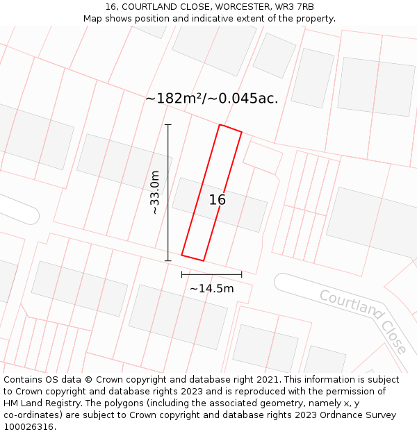 16, COURTLAND CLOSE, WORCESTER, WR3 7RB: Plot and title map