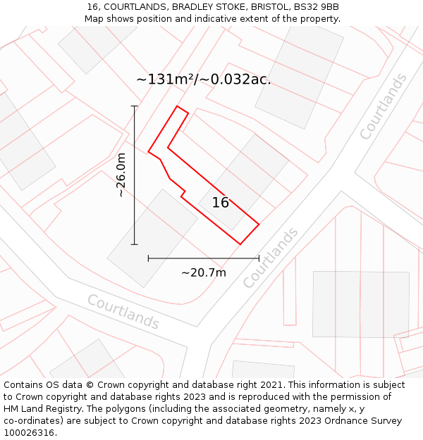 16, COURTLANDS, BRADLEY STOKE, BRISTOL, BS32 9BB: Plot and title map