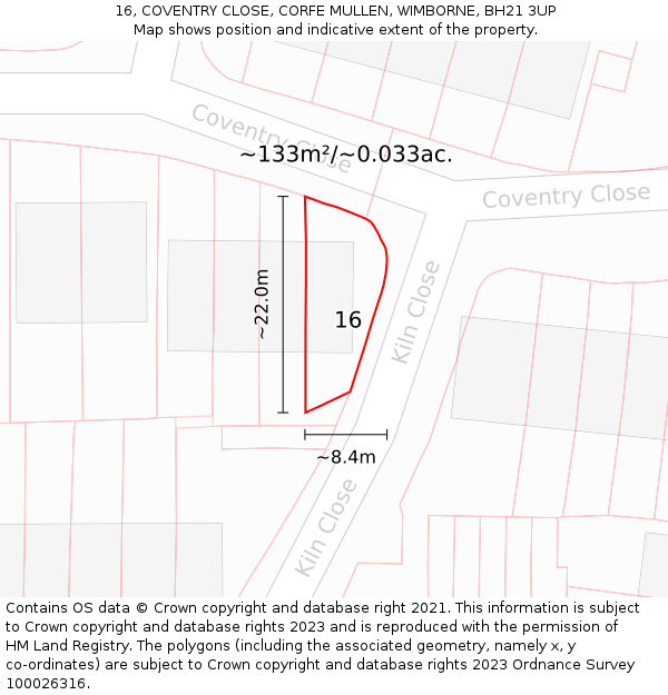 16, COVENTRY CLOSE, CORFE MULLEN, WIMBORNE, BH21 3UP: Plot and title map