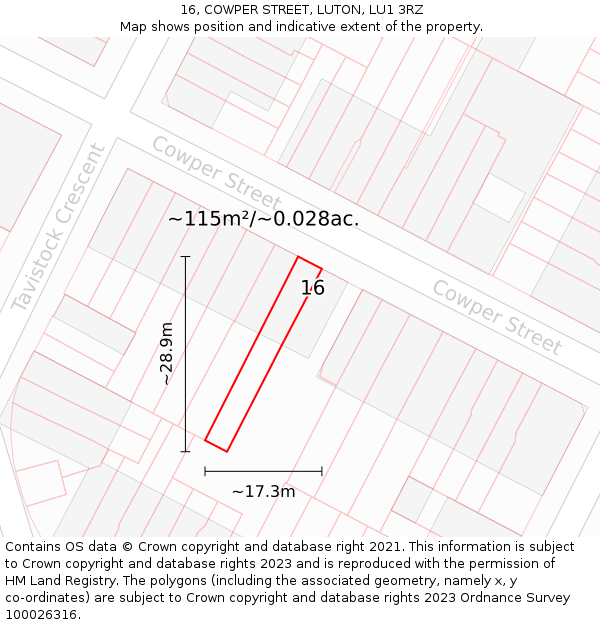 16, COWPER STREET, LUTON, LU1 3RZ: Plot and title map