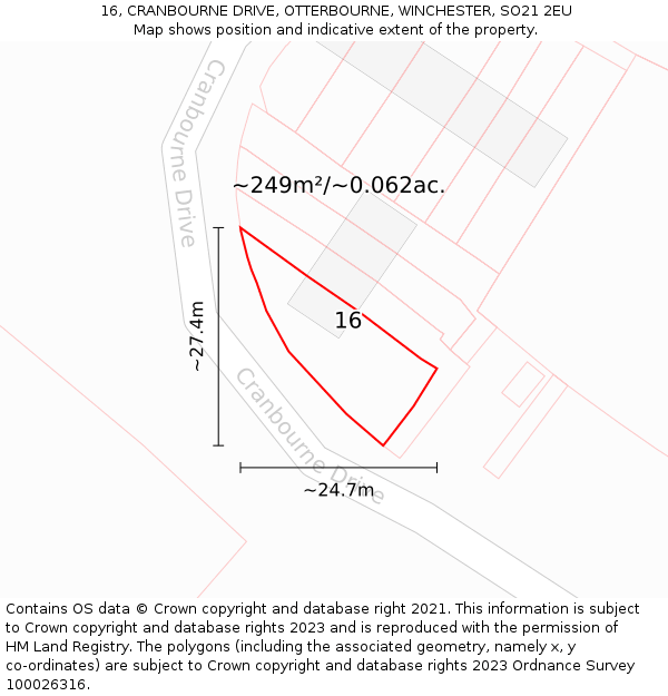 16, CRANBOURNE DRIVE, OTTERBOURNE, WINCHESTER, SO21 2EU: Plot and title map