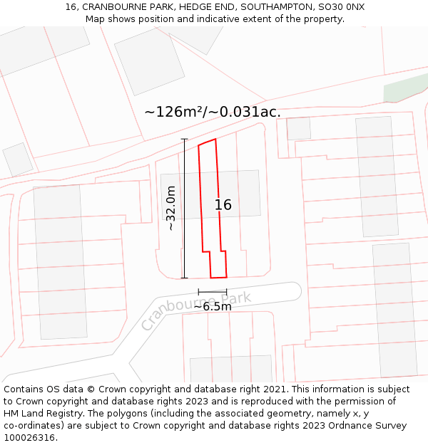 16, CRANBOURNE PARK, HEDGE END, SOUTHAMPTON, SO30 0NX: Plot and title map