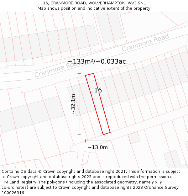16, CRANMORE ROAD, WOLVERHAMPTON, WV3 9NL: Plot and title map