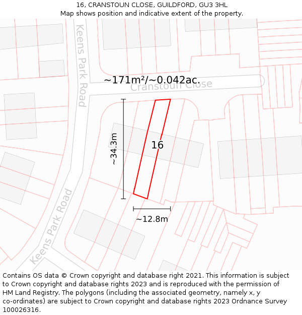 16, CRANSTOUN CLOSE, GUILDFORD, GU3 3HL: Plot and title map