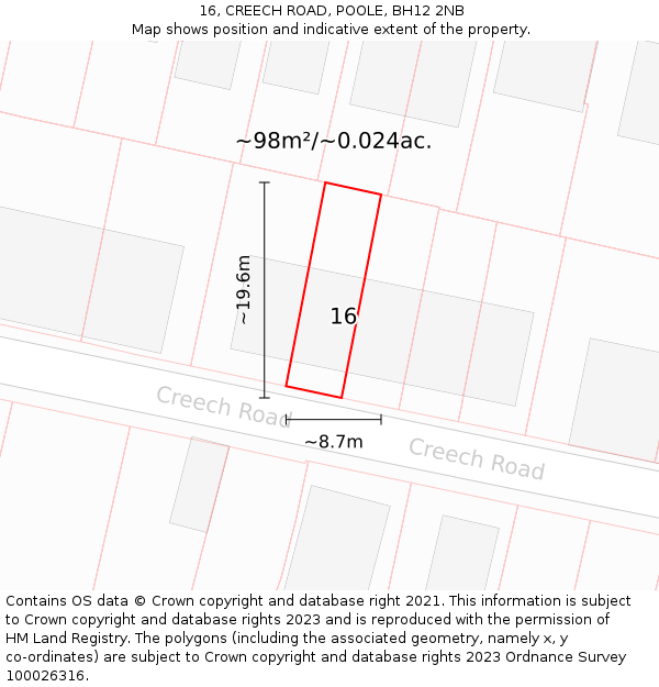 16, CREECH ROAD, POOLE, BH12 2NB: Plot and title map