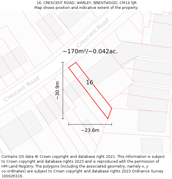 16, CRESCENT ROAD, WARLEY, BRENTWOOD, CM14 5JR: Plot and title map