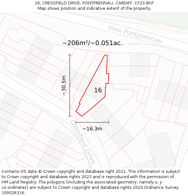 16, CRESSFIELD DRIVE, PONTPRENNAU, CARDIFF, CF23 8NT: Plot and title map