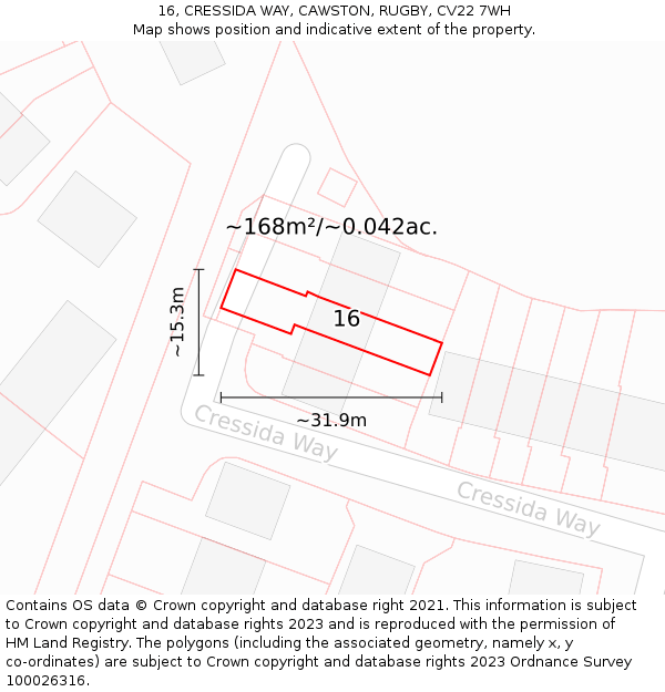 16, CRESSIDA WAY, CAWSTON, RUGBY, CV22 7WH: Plot and title map