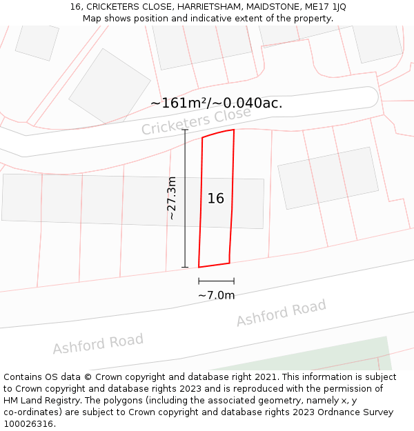 16, CRICKETERS CLOSE, HARRIETSHAM, MAIDSTONE, ME17 1JQ: Plot and title map