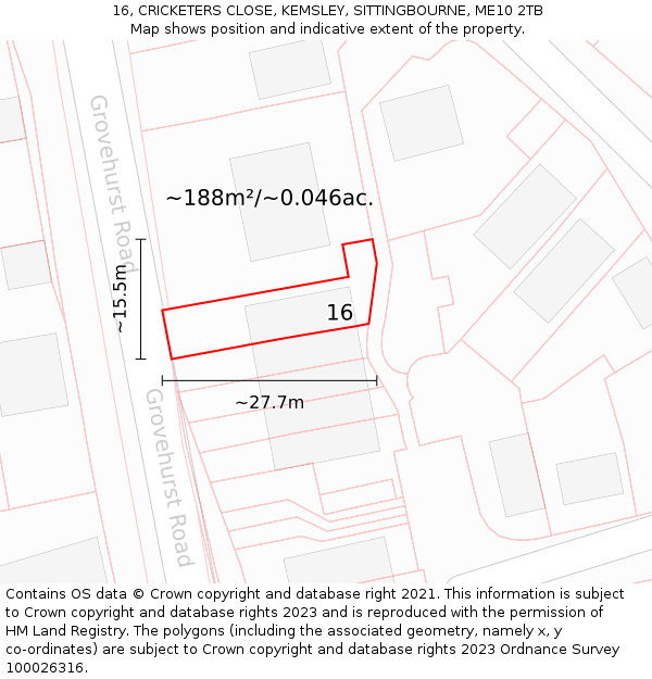 16, CRICKETERS CLOSE, KEMSLEY, SITTINGBOURNE, ME10 2TB: Plot and title map