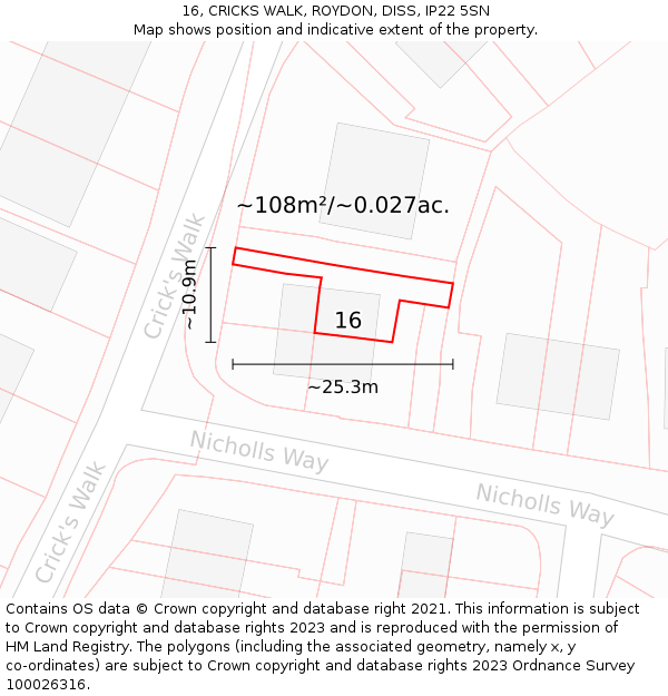 16, CRICKS WALK, ROYDON, DISS, IP22 5SN: Plot and title map