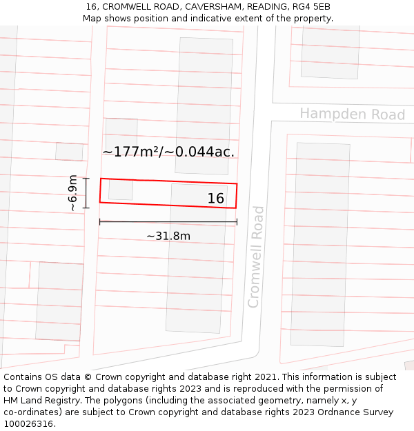 16, CROMWELL ROAD, CAVERSHAM, READING, RG4 5EB: Plot and title map