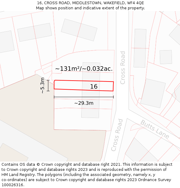 16, CROSS ROAD, MIDDLESTOWN, WAKEFIELD, WF4 4QE: Plot and title map