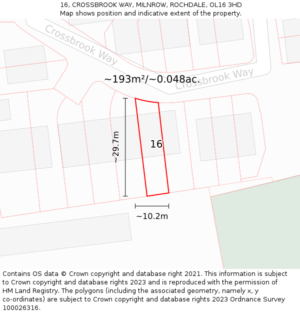 16, CROSSBROOK WAY, MILNROW, ROCHDALE, OL16 3HD: Plot and title map
