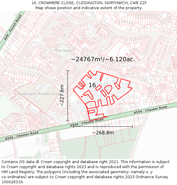 16, CROWMERE CLOSE, CUDDINGTON, NORTHWICH, CW8 2ZF: Plot and title map