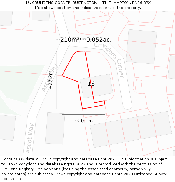 16, CRUNDENS CORNER, RUSTINGTON, LITTLEHAMPTON, BN16 3RX: Plot and title map