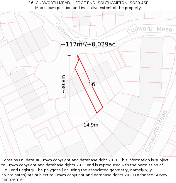 16, CUDWORTH MEAD, HEDGE END, SOUTHAMPTON, SO30 4SP: Plot and title map