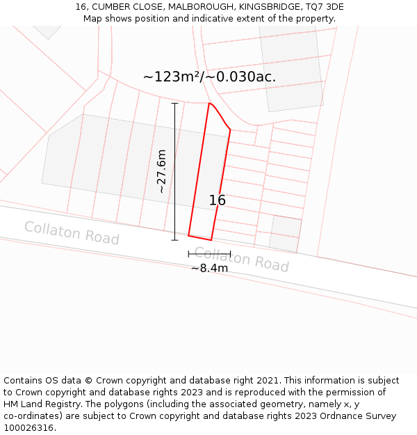 16, CUMBER CLOSE, MALBOROUGH, KINGSBRIDGE, TQ7 3DE: Plot and title map