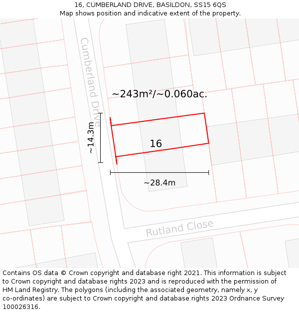 16, CUMBERLAND DRIVE, BASILDON, SS15 6QS: Plot and title map