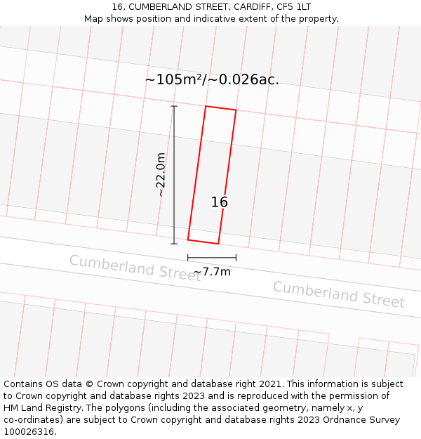 16, CUMBERLAND STREET, CARDIFF, CF5 1LT: Plot and title map
