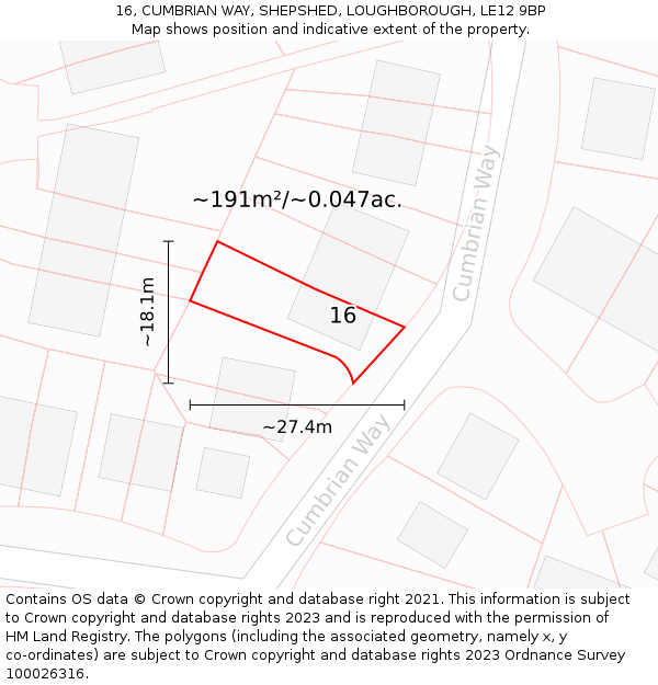 16, CUMBRIAN WAY, SHEPSHED, LOUGHBOROUGH, LE12 9BP: Plot and title map