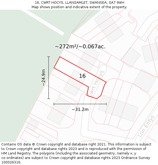 16, CWRT HOCYS, LLANSAMLET, SWANSEA, SA7 9WH: Plot and title map