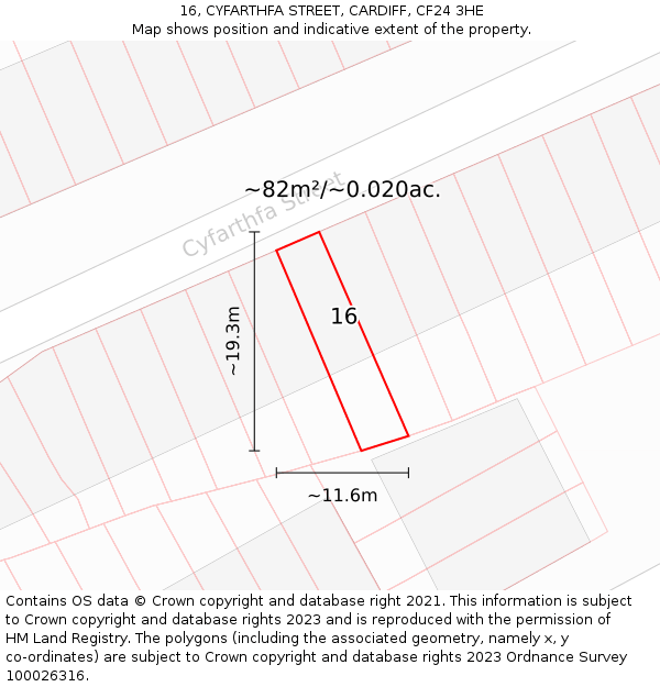 16, CYFARTHFA STREET, CARDIFF, CF24 3HE: Plot and title map